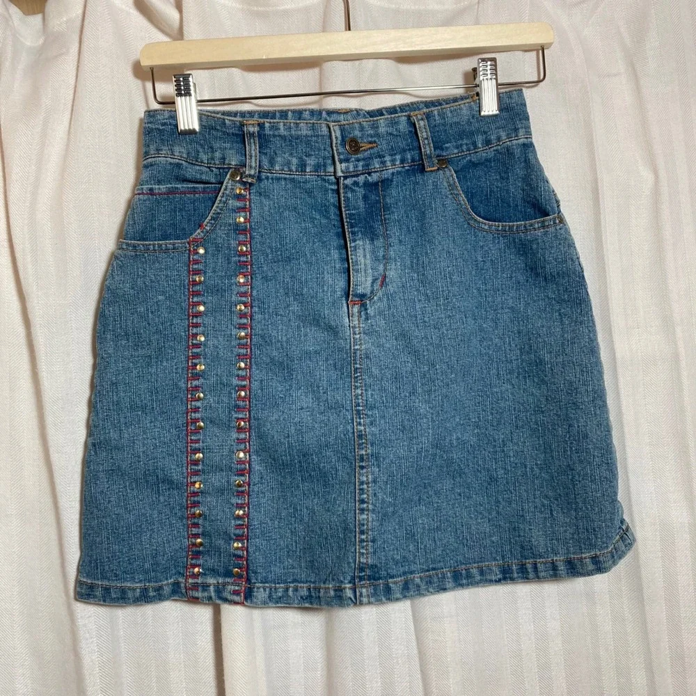 Kids Denim Skirt Girls Size 14 16 Blue‎ Jean Studded Red StitchingY2K Streetwear